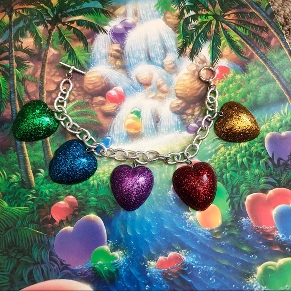 Rainbow Glitter Resin Heart 80s Charm Bracelet 💕 - Picture 4 of 7